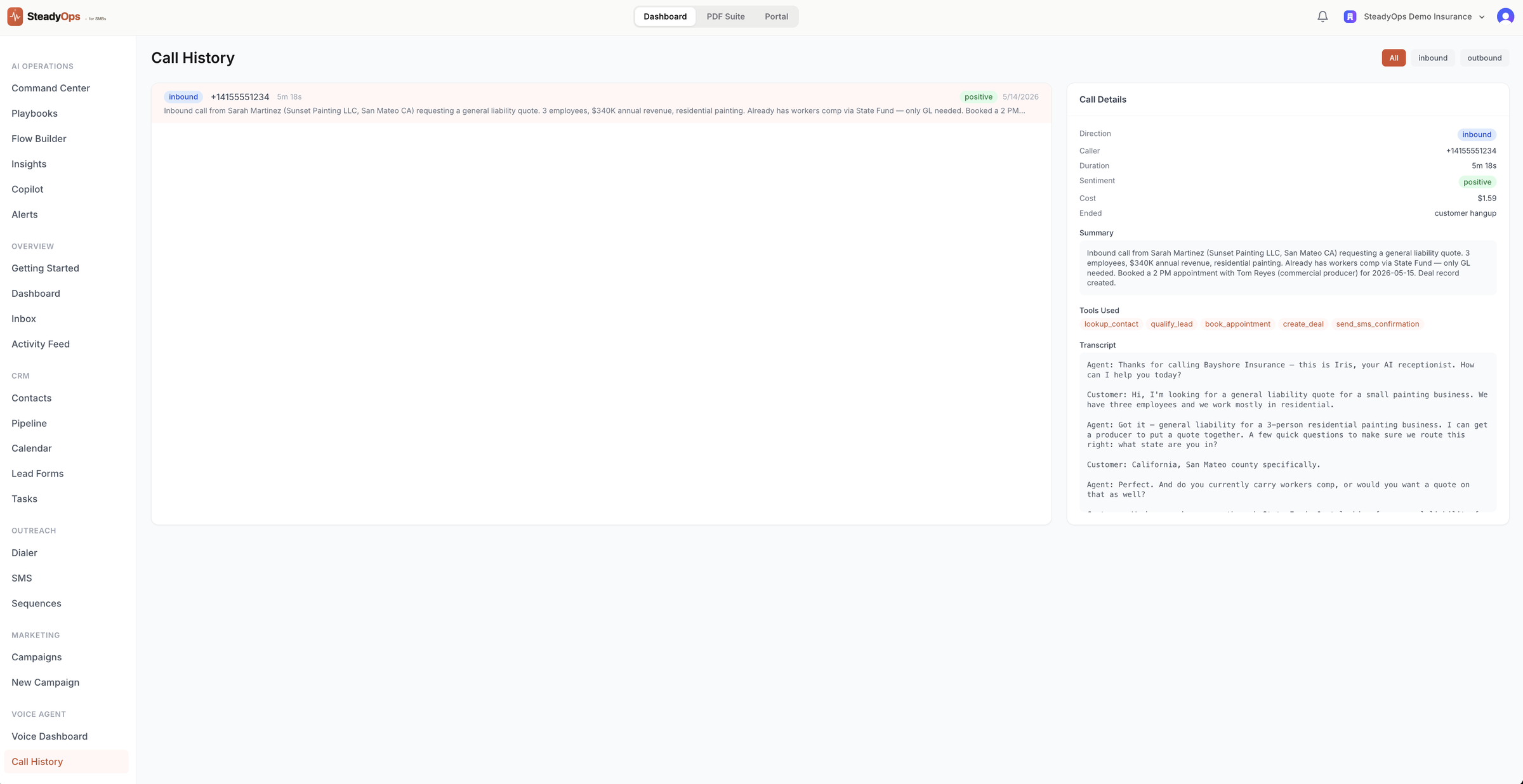SteadyOps Voice Call History — inbound call from Sarah Martinez with full transcript, sentiment analysis, and tools invoked by the AI receptionist